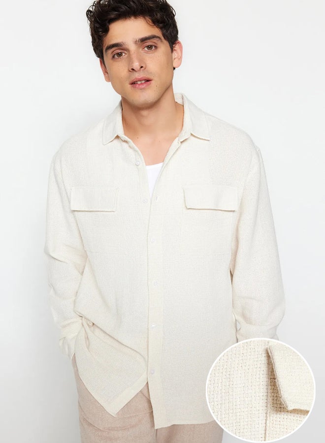 trendyol Ecru Oversize Fit Linen Textured Double Pocket Jacket Shirt TMNSS23GO00089 - Image 1