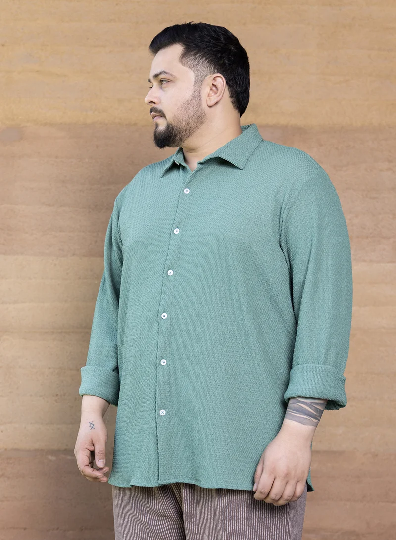 Instafab Plus  Instafab Plus Men's Sage Green Weave-Tactile Shirt For Casual Wear | Spread Collar | Long Cuffed Sleeves | Button Closure | Plus Size Shirt Crafted With Comfort Fit For Everyday Wear for Men | Best Price UAE