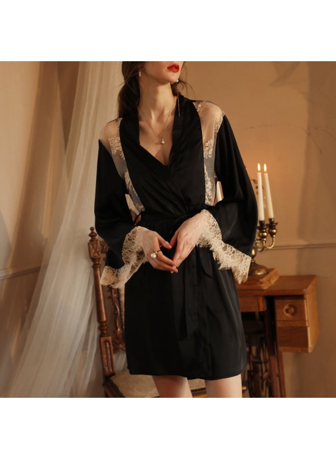 Ultra-Soft Satin Kimono Robe & Nightgown Set - Breathable Lace Trim Sleepwear