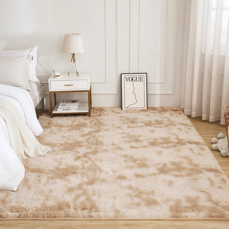 Litanika 4x6 Shag Area Rug for Living Room Bedroom, Tie-Dyed Beige High Pile Soft Plush Shaggy Furry Cream Bedside Playroom Dorm Carpet, Non-Slip, Non-Shedding Modern Indoor Floor Rug - Image 2