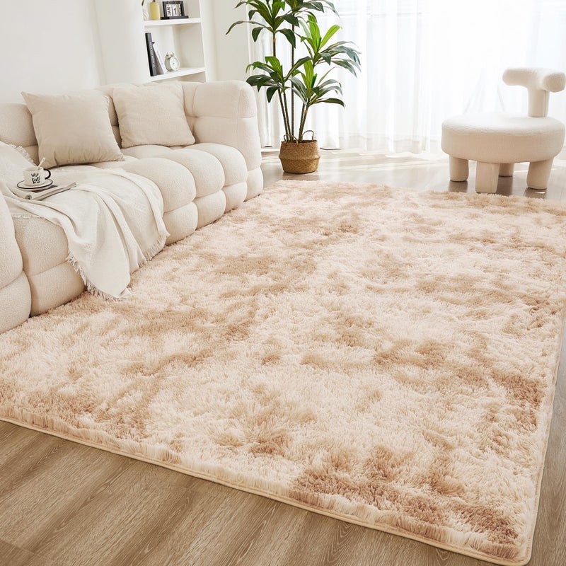 Litanika 4x6 Shag Area Rug for Living Room Bedroom, Tie-Dyed Beige High Pile Soft Plush Shaggy Furry Cream Bedside Playroom Dorm Carpet, Non-Slip, Non-Shedding Modern Indoor Floor Rug - Image 1