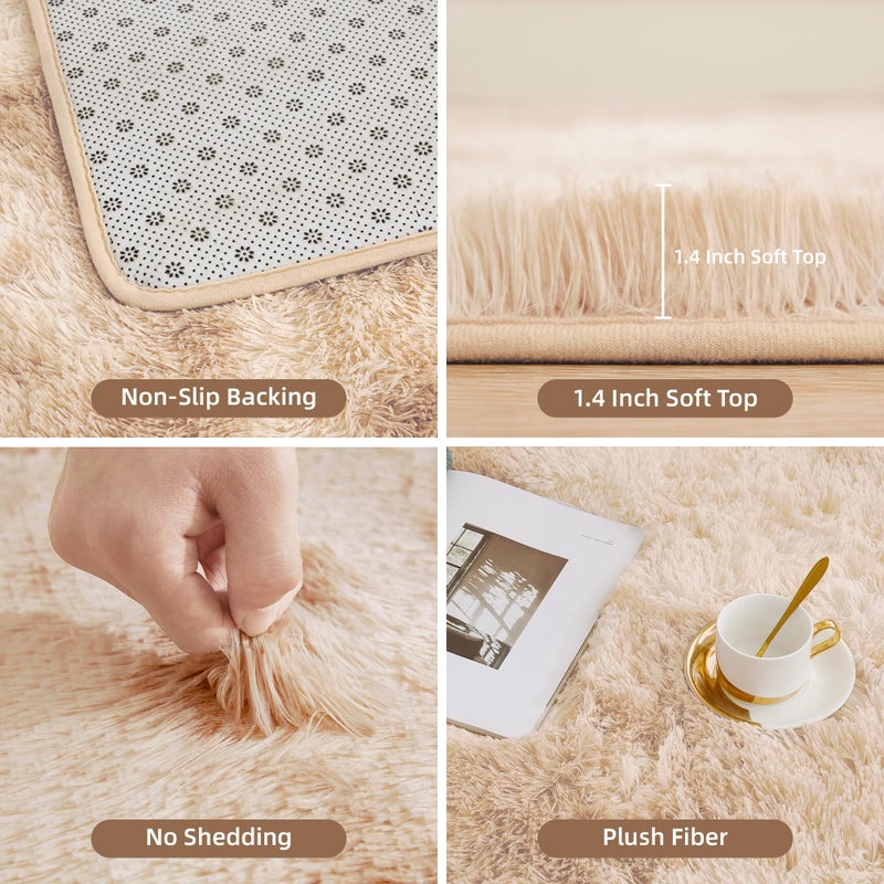 Litanika 4x6 Shag Area Rug for Living Room Bedroom, Tie-Dyed Beige High Pile Soft Plush Shaggy Furry Cream Bedside Playroom Dorm Carpet, Non-Slip, Non-Shedding Modern Indoor Floor Rug - Image 5