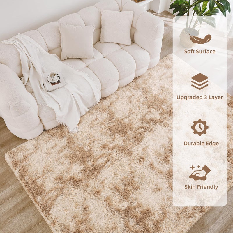 Litanika 4x6 Shag Area Rug for Living Room Bedroom, Tie-Dyed Beige High Pile Soft Plush Shaggy Furry Cream Bedside Playroom Dorm Carpet, Non-Slip, Non-Shedding Modern Indoor Floor Rug - Image 4