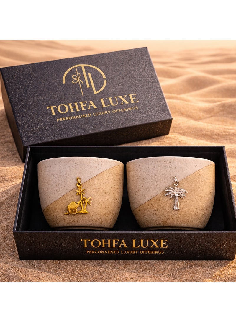 Tohfa Luxe Arabian Handmade Ceramic Coffee Cups with Desert & Silver Palm Charms – Set of 2 (6.5 × 8 cm)