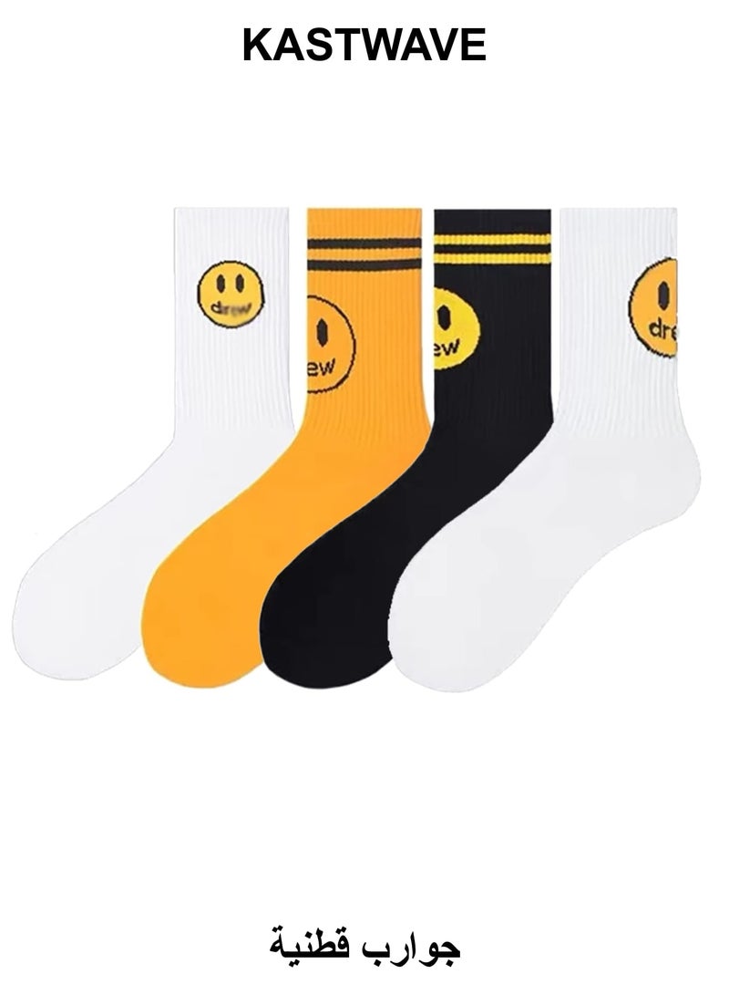 KASTWAVE Unisex Cotton Socks, Cotton Work Casual Crew Socks for Men and Women, Fashion Funny House Socks, Assorted Mid-calf Comfort Crew Socks (Smiling Face, 4 Pair) - Image 1