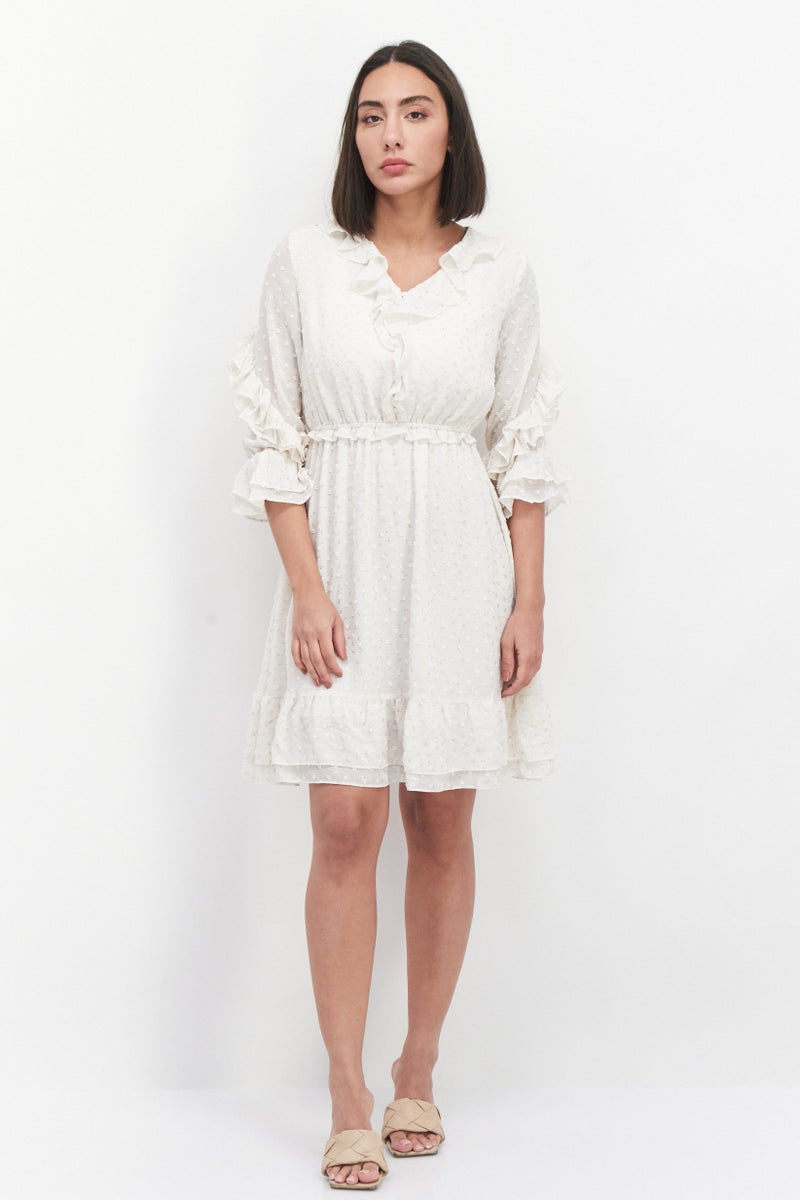 VERO MODA فستان ميدي مطبوع للنساء، أبيض فاتح - Image 3