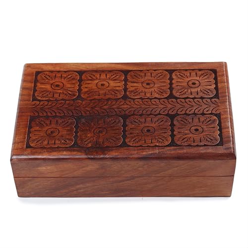 RGrandsons Handmade Wooden Keepsake Storage Box Jewelry Trinket Holder Organizer Floral Hand Carvings with Brass Inlay 8 inch (8.0x5.0 inch_RG0107) - Image 4