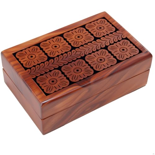 RGrandsons Handmade Wooden Keepsake Storage Box Jewelry Trinket Holder Organizer Floral Hand Carvings with Brass Inlay 8 inch (8.0x5.0 inch_RG0107) - Image 1