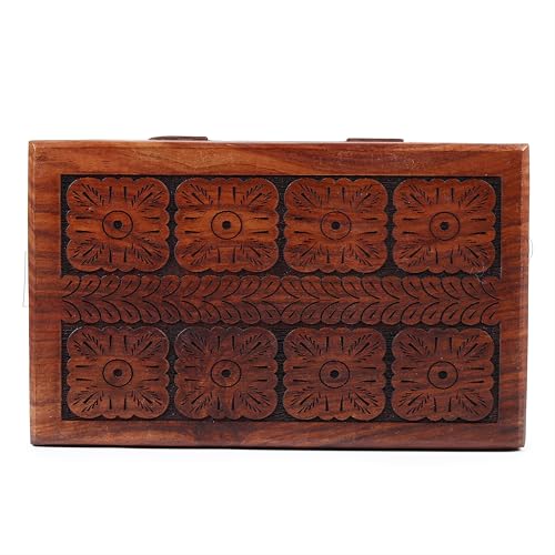 RGrandsons Handmade Wooden Keepsake Storage Box Jewelry Trinket Holder Organizer Floral Hand Carvings with Brass Inlay 8 inch (8.0x5.0 inch_RG0107) - Image 5