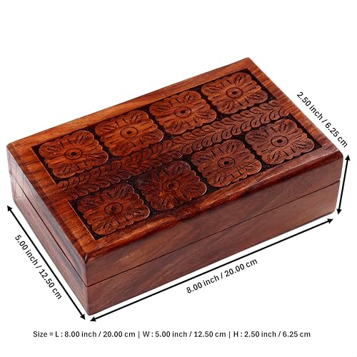 RGrandsons Handmade Wooden Keepsake Storage Box Jewelry Trinket Holder Organizer Floral Hand Carvings with Brass Inlay 8 inch (8.0x5.0 inch_RG0107) - Image 3