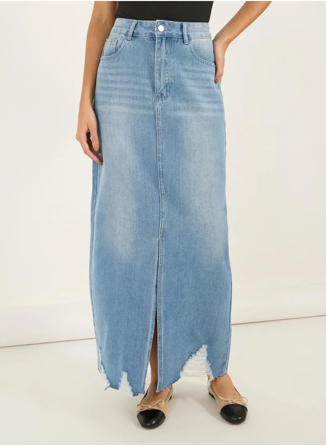 ستايلي Ripped Hem Denim Maxi Skirt with Front Slit Detail