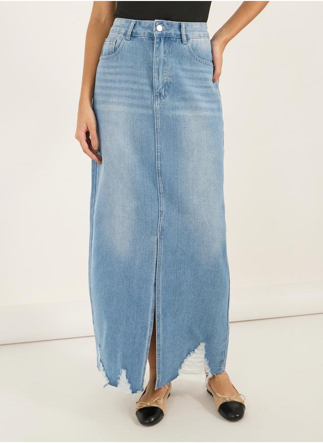 Styli Ripped Hem Denim Maxi Skirt with Front Slit Detail  - Image 2