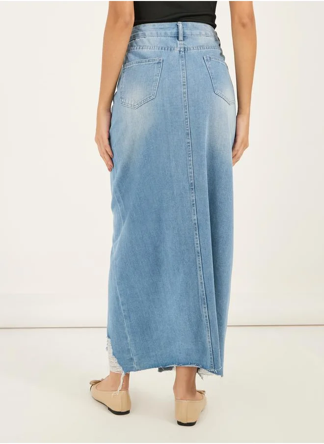 ستايلي Ripped Hem Denim Maxi Skirt with Front Slit Detail