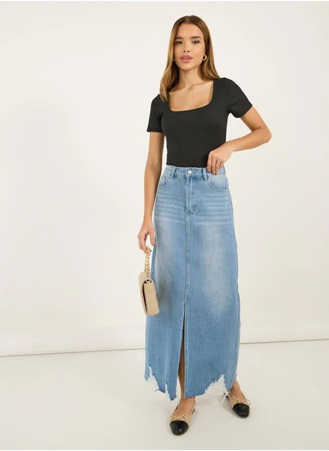 Styli Ripped Hem Denim Maxi Skirt with Front Slit Detail