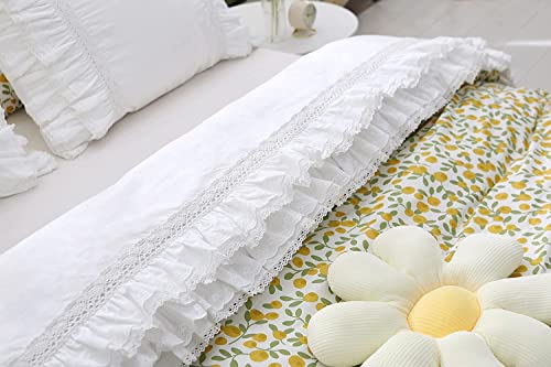 White Luxury Elegant Lace Bed Flat Sheet with Ruffles Bed Top Sheet Full Size 100 Cotton 1 Piece
