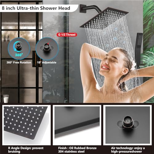 Midanya Shower Faucet Set,Wall Mount Shower System with Square Rain Shower Head and Hand Sprayer, Rough-in Valve Body and Trim Kit Included,8 Inch,Oil Rubbed Bronze - Image 3