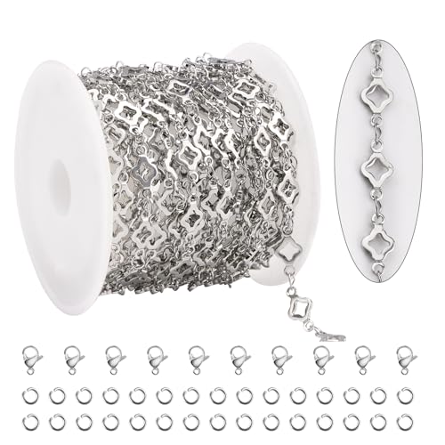KYUNHOO 13 Feet Stainless Steel Jewelry Making Chains Silver Bulk Jewelry Hollow 4 Leaf Clover Chain for Making Crafts with Jump Rings Lobster Clasps - Image 1