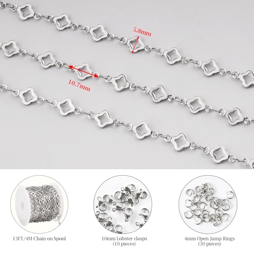 KYUNHOO 13 Feet Stainless Steel Jewelry Making Chains Silver Bulk Jewelry Hollow 4 Leaf Clover Chain for Making Crafts with Jump Rings Lobster Clasps - Image 2
