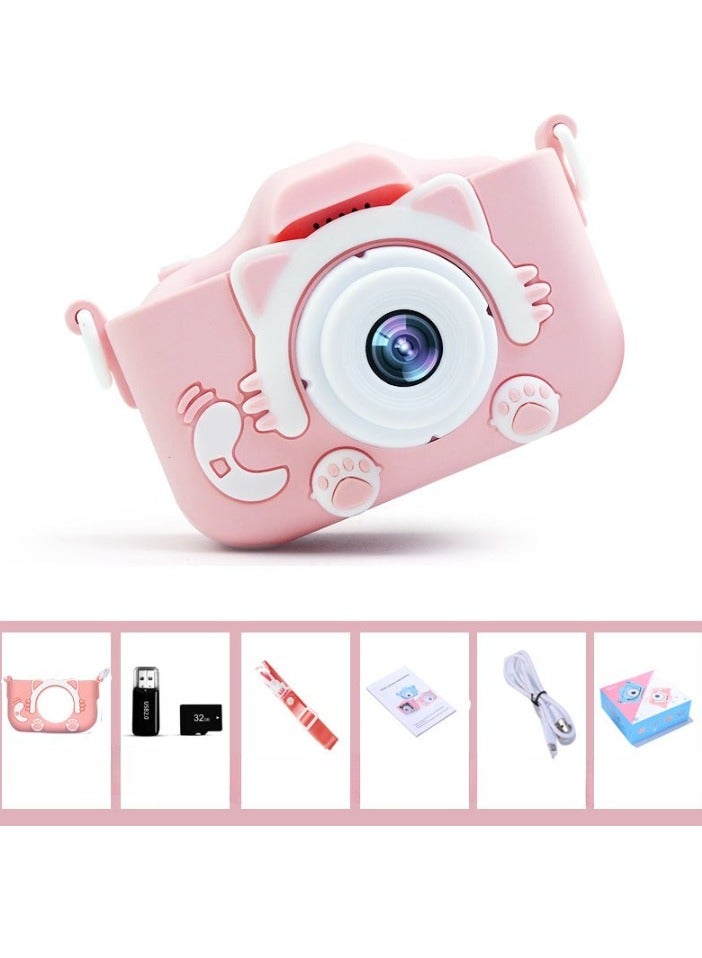 AROAQ Kids Camera, HD 1080p Shockproof Children Video Camera, Portable Mini  Dual Camera Toy, Multiple Functions Digital Camera For Girls Boys, (x5s HD dual camera pink cat+32g card+card reader) - Image 1