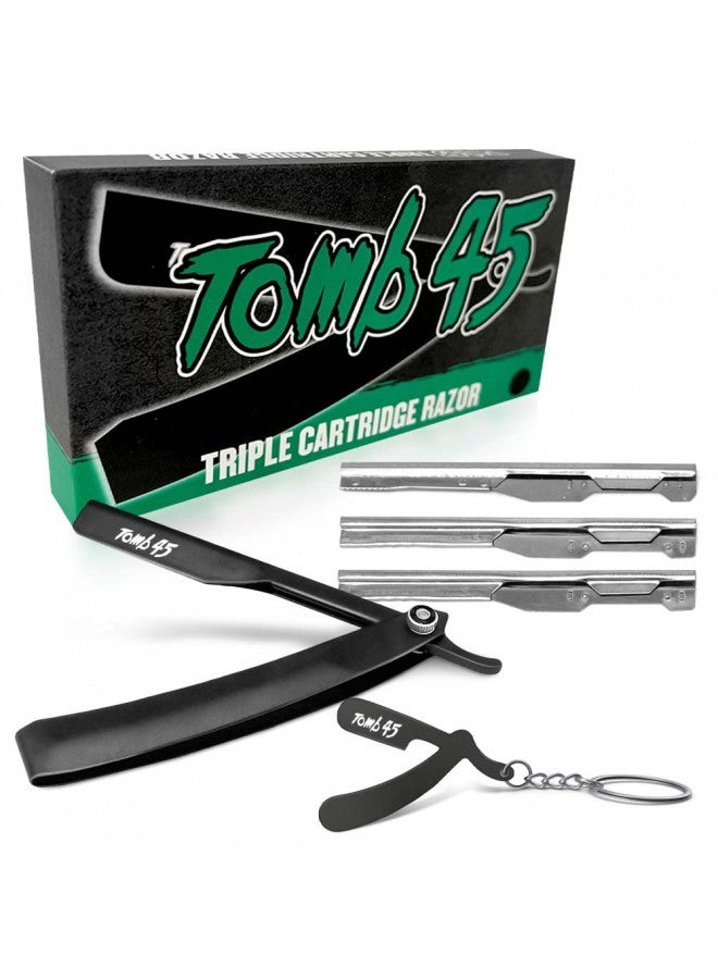 Tomb 45 Triple Cartridge Razor Holder | Disposable Razor Safety Handle For Barbers | 100% Metal Grip & 3 Adjustable Blade Exposure Options For Shaving (Black) - Image 1
