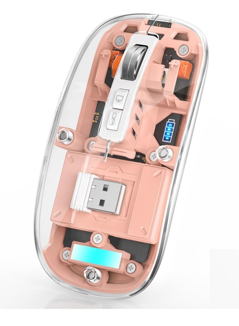 Transparent Rechargeable Dual-Mode Mouse - Multi devices ( Modes BT5.1 / BT5.1 / 2.4GHz ) - Bluetooth / Wireless Connection - 400mAh - Silent Clik - Magnatic Cover -1600DPI - For Office Business | Pink - Image 1