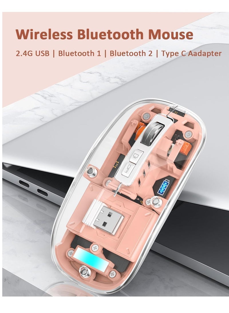 Transparent Rechargeable Dual-Mode Mouse - Multi devices ( Modes BT5.1 / BT5.1 / 2.4GHz ) - Bluetooth / Wireless Connection - 400mAh - Silent Clik - Magnatic Cover -1600DPI - For Office Business | Pink - Image 2