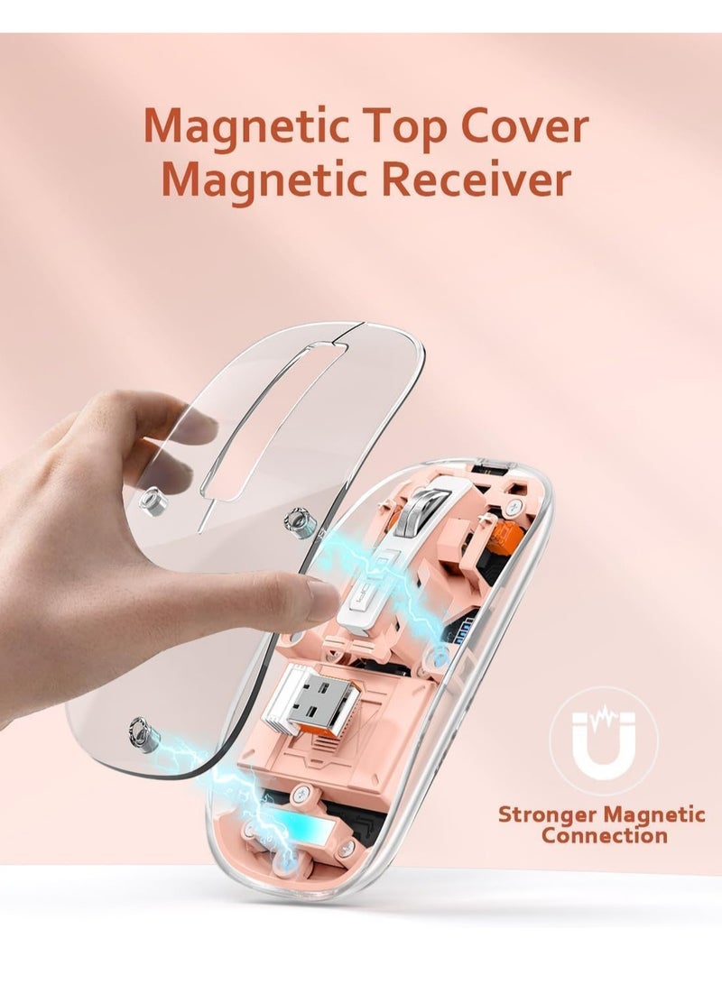 Transparent Rechargeable Dual-Mode Mouse - Multi devices ( Modes BT5.1 / BT5.1 / 2.4GHz ) - Bluetooth / Wireless Connection - 400mAh - Silent Clik - Magnatic Cover -1600DPI - For Office Business | Pink - Image 3