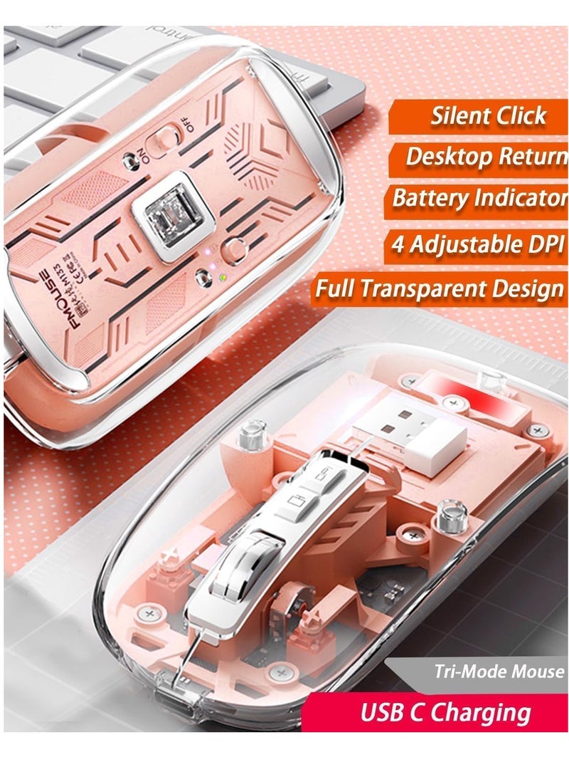 Transparent Rechargeable Dual-Mode Mouse - Multi devices ( Modes BT5.1 / BT5.1 / 2.4GHz ) - Bluetooth / Wireless Connection - 400mAh - Silent Clik - Magnatic Cover -1600DPI - For Office Business | Pink - Image 4