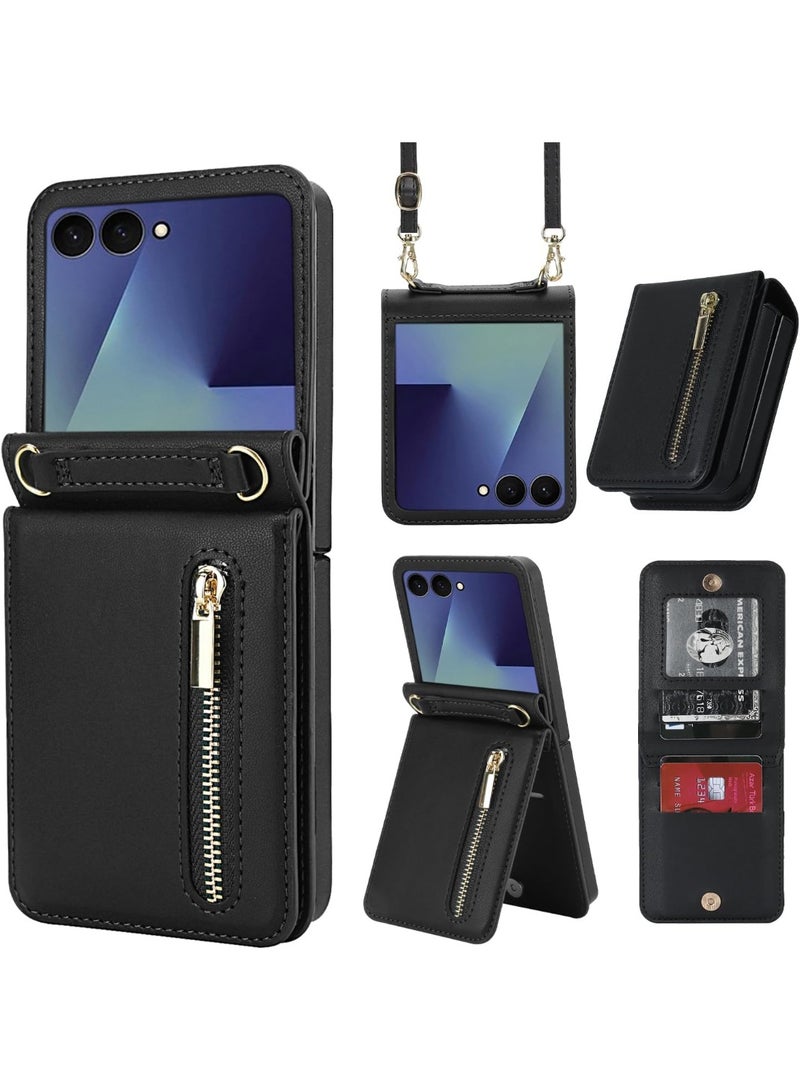 XIMAND جراب هاتف Ximand فاخر بسحاب لهاتف Samsung Galaxy Z Flip 7، حامل بطاقات متعدد الوظائف مع حزام كتف قابل للتعديل، جراب قلاب أنيق - Image 1