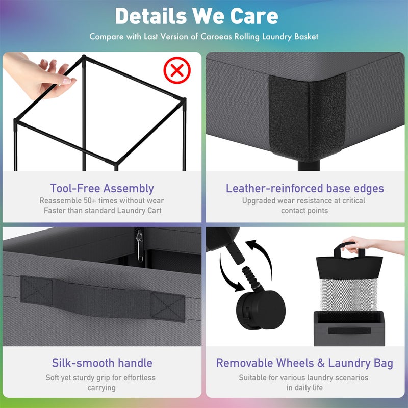 Caroeas Next-Gen 105L Matel Frame Laundry Basket with wheels, Heavy Duty Tall Rolling Laundry Hamper with Removable Wash Bag, Collapsible Freestanding Clothes Hamper For Laundry Room (100L,Grey,1Pack) - Image 4