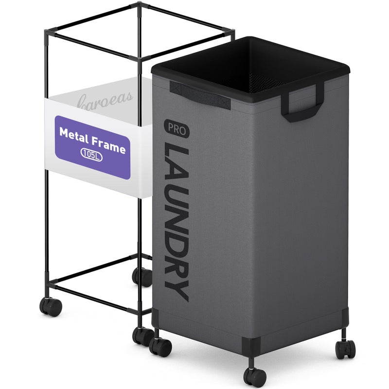 Caroeas Next-Gen 105L Matel Frame Laundry Basket with wheels, Heavy Duty Tall Rolling Laundry Hamper with Removable Wash Bag, Collapsible Freestanding Clothes Hamper For Laundry Room (100L,Grey,1Pack) - Image 1