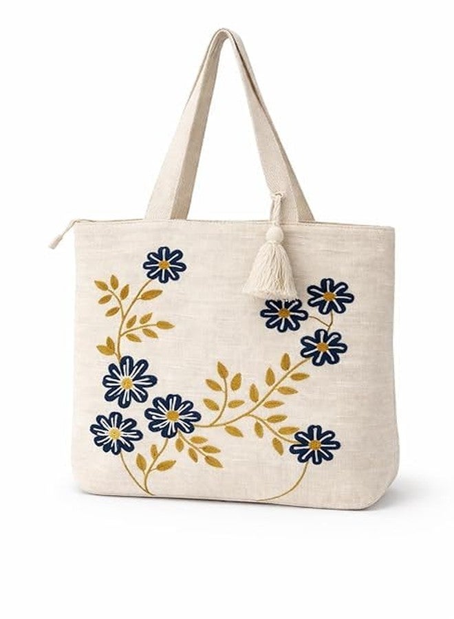 KitchDeco Kitch Deco™ Natural Canvas Cotton Trendy Pattern Embroidery Work Shoulder One Tote Bag for Women Best for College, Shopping, Daily Use (16X16Inch) (Design 7) - Image 1