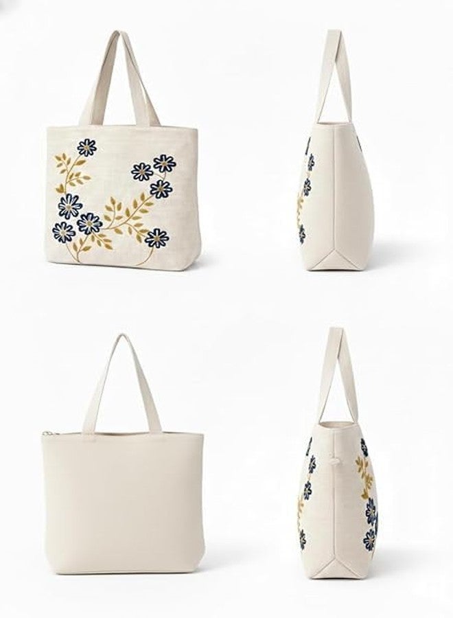 KitchDeco Kitch Deco™ Natural Canvas Cotton Trendy Pattern Embroidery Work Shoulder One Tote Bag for Women Best for College, Shopping, Daily Use (16X16Inch) (Design 7) - Image 3