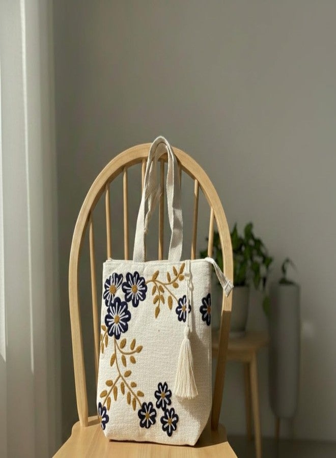 KitchDeco Kitch Deco™ Natural Canvas Cotton Trendy Pattern Embroidery Work Shoulder One Tote Bag for Women Best for College, Shopping, Daily Use (16X16Inch) (Design 7) - Image 2