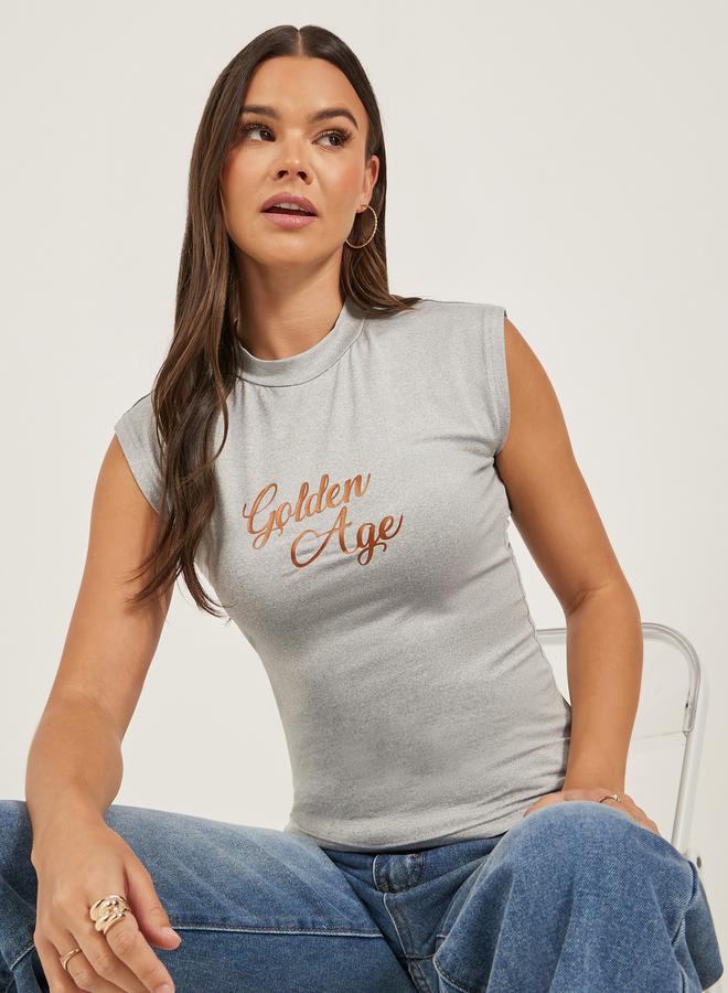 Styli Slogan Print High Neck Fitted T-Shirt  - Image 1