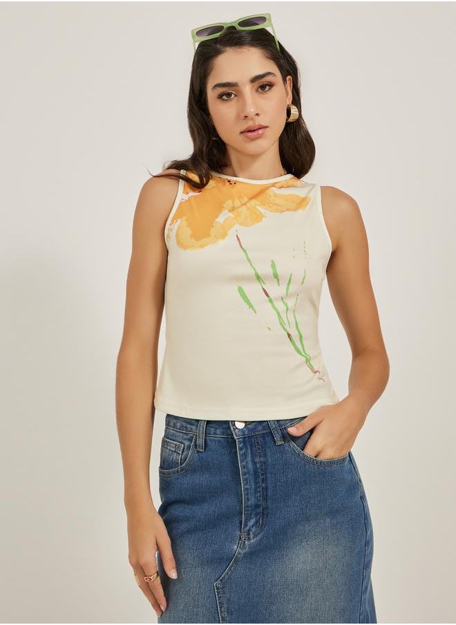 Floral Print Round Neck Sleeveless Tank