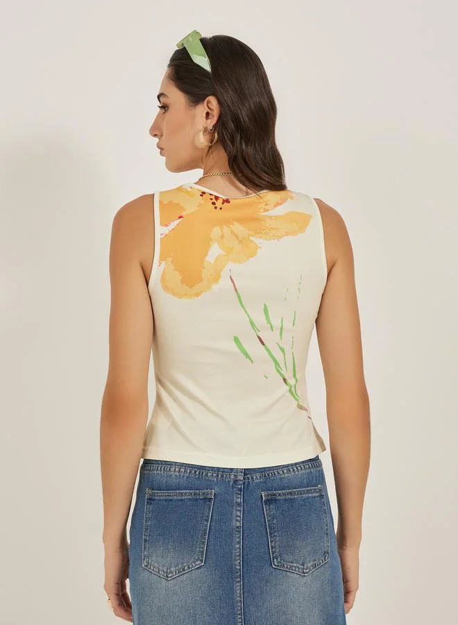 Styli Floral Print Round Neck Sleeveless Tank