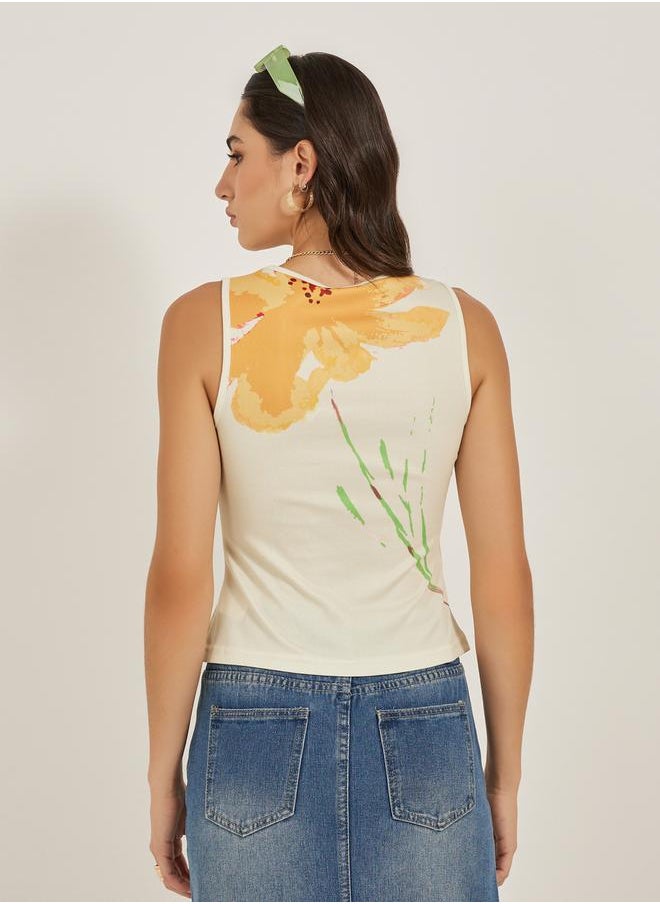 Floral Print Round Neck Sleeveless Tank