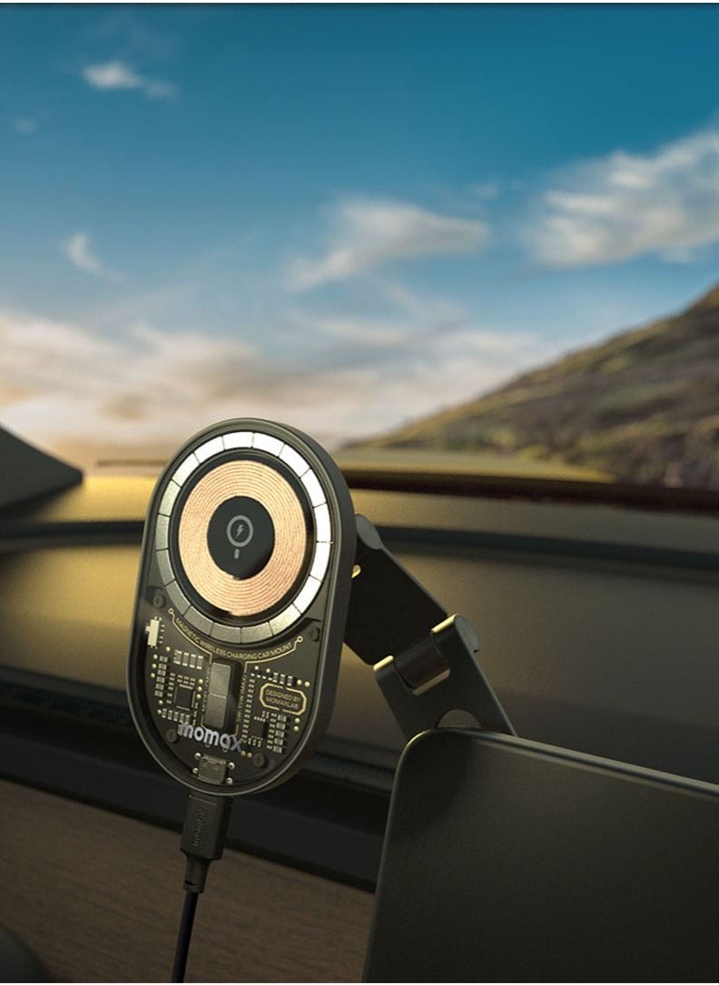 Momax - حامل شحن لاسلكي مغناطيسي Q.MAG Mount³X بقوة 15 وات متوافق مع طراز Tesla Model 3 / Y للسيارة - رمادي فضائي - Image 1