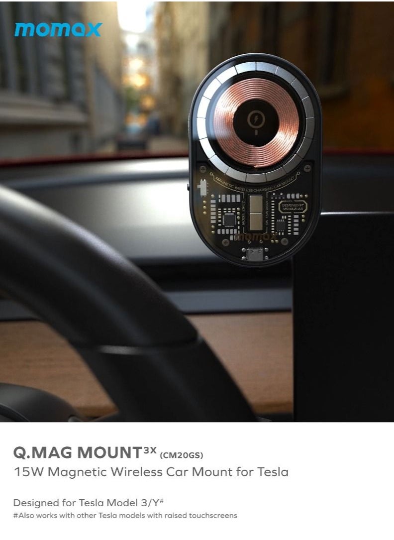 Momax Q.MAG Mount³X 15W Magnetic Qi Wireless Charging Compatible with Tesla Model 3 / Y Car Mount - Space Grey  - Image 2