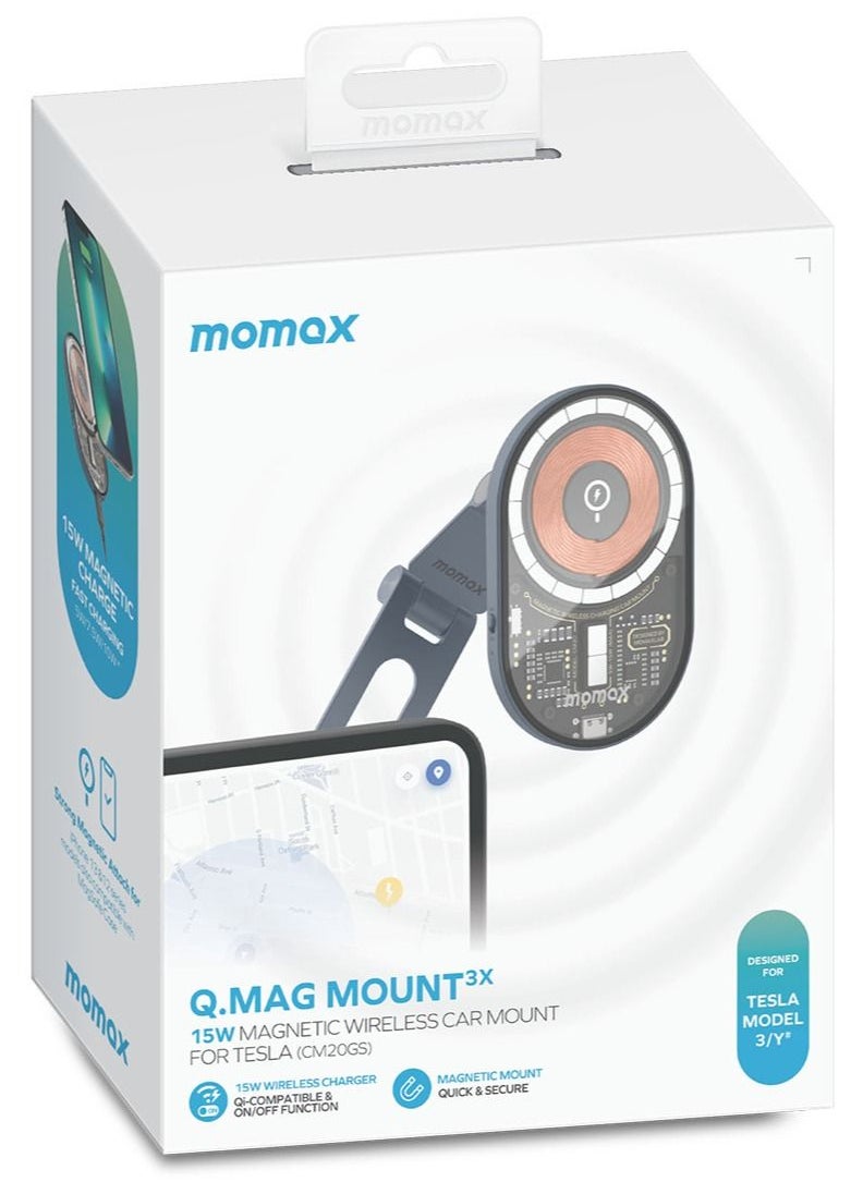 Momax - حامل شحن لاسلكي مغناطيسي Q.MAG Mount³X بقوة 15 وات متوافق مع طراز Tesla Model 3 / Y للسيارة - رمادي فضائي - Image 1
