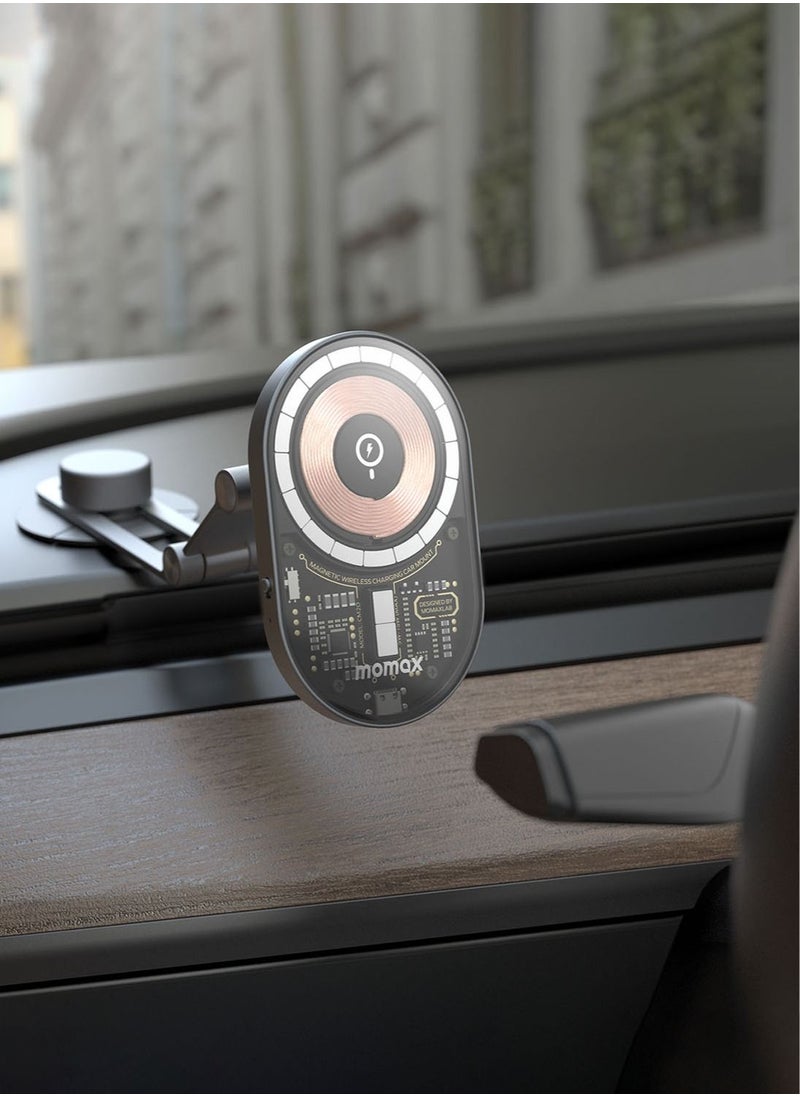 Momax - حامل شحن لاسلكي مغناطيسي Q.MAG Mount³X بقوة 15 وات متوافق مع طراز Tesla Model 3 / Y للسيارة - رمادي فضائي - Image 1