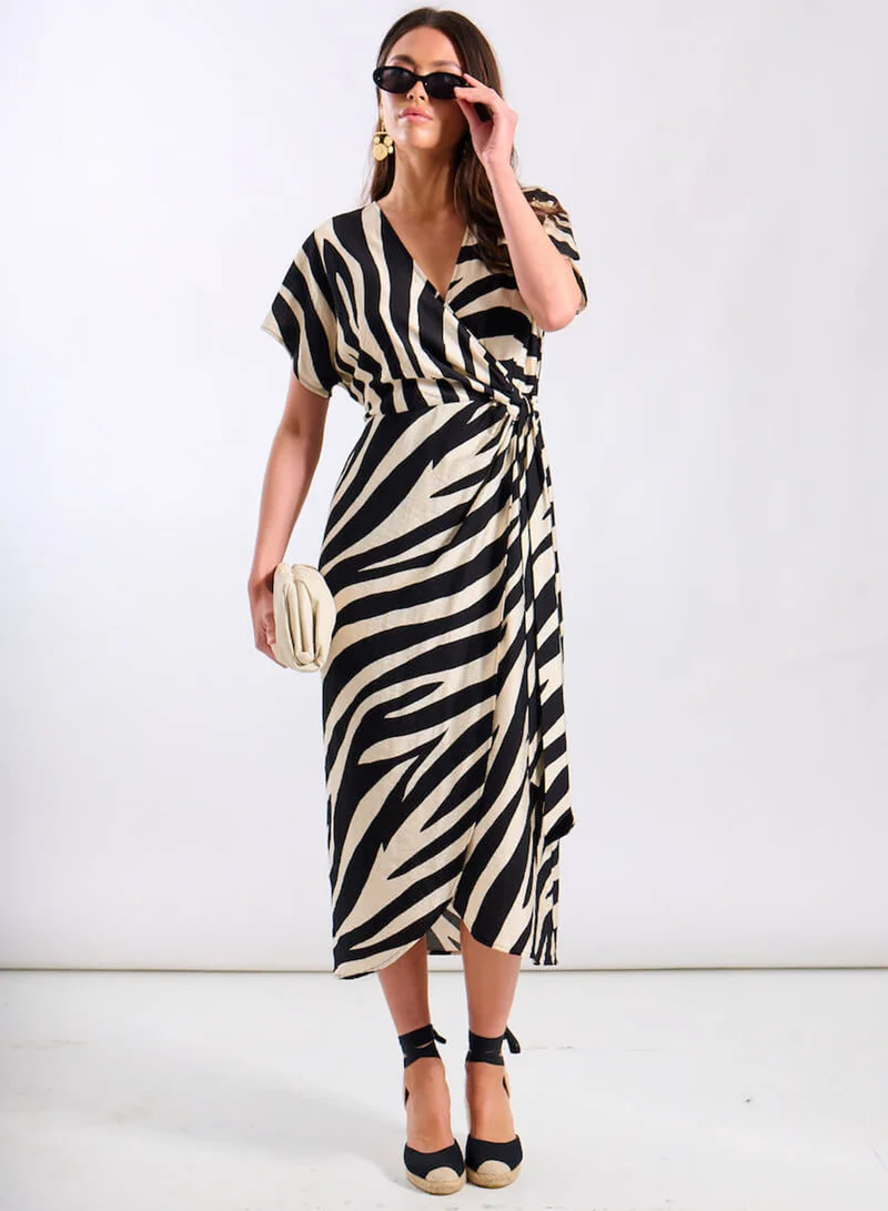 Needs No Label Cream Animal Viscose Wrap Midi Dress