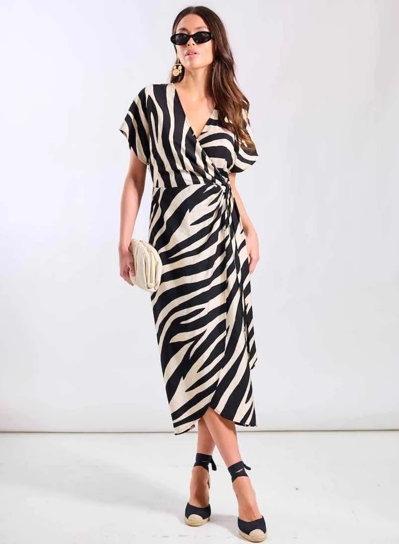 Cream Animal Viscose Wrap Midi Dress