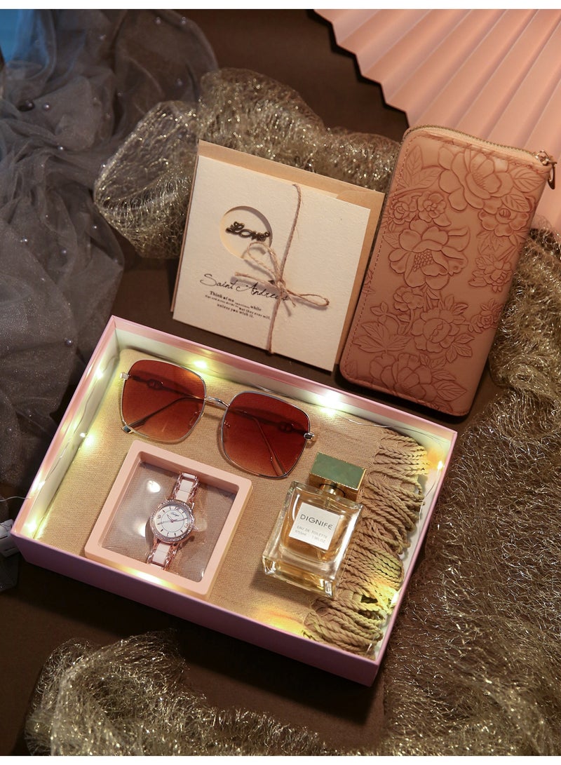 مجموعة رائعة من الأزياء الخفيفة الفاخرة السيدات ووتش ، ووتش الوردي مع الحارة براون وشاح ، تغيير لون النظارات الشمسية ومزاجه العطور ، مثالية لها هدية عيد ميلاد - Image 1