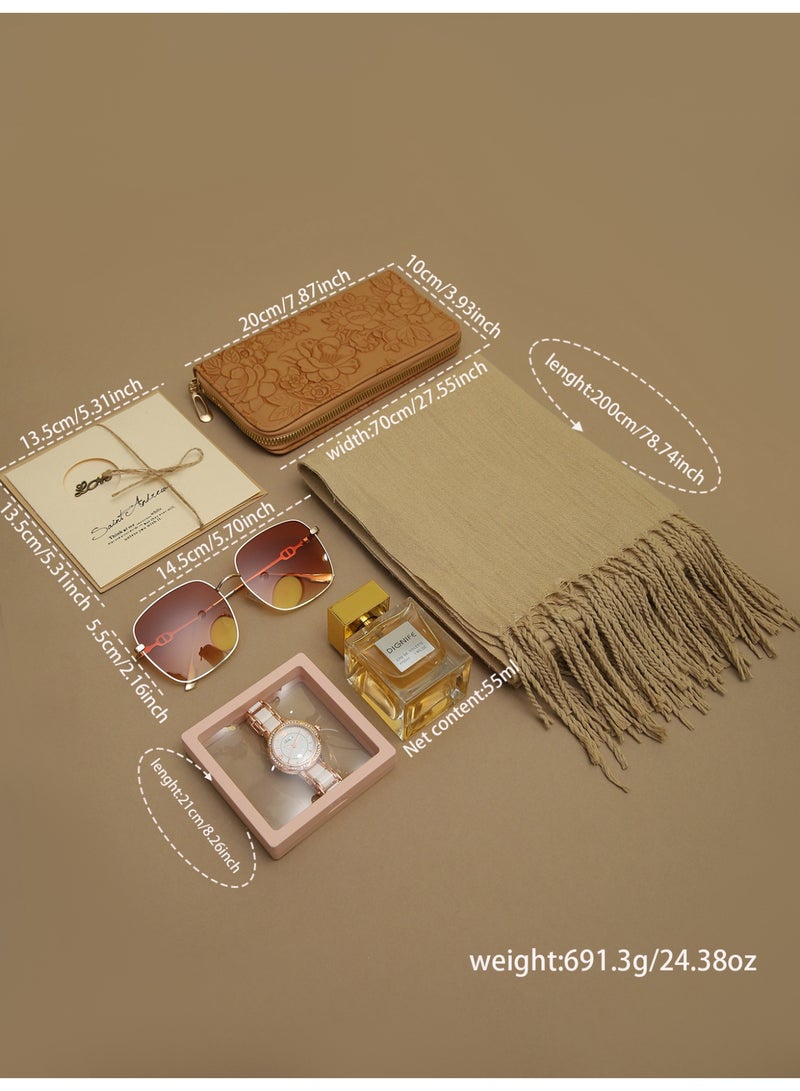 مجموعة رائعة من الأزياء الخفيفة الفاخرة السيدات ووتش ، ووتش الوردي مع الحارة براون وشاح ، تغيير لون النظارات الشمسية ومزاجه العطور ، مثالية لها هدية عيد ميلاد - Image 5