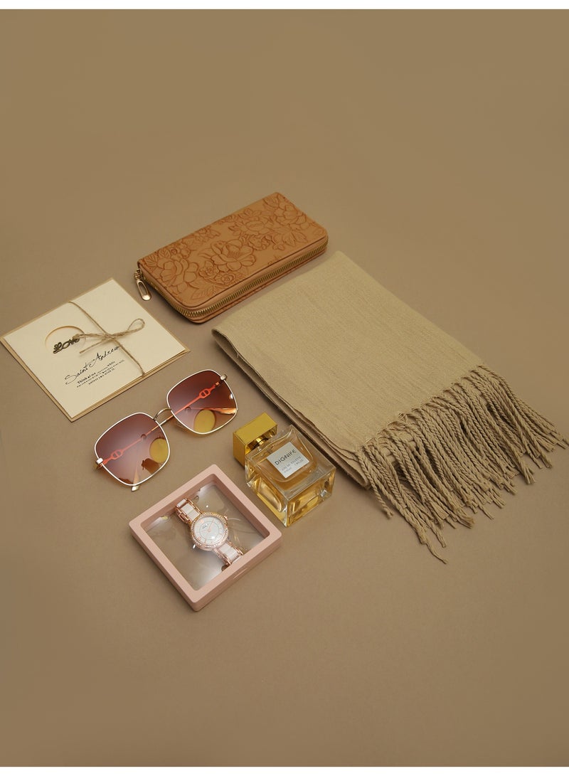 مجموعة رائعة من الأزياء الخفيفة الفاخرة السيدات ووتش ، ووتش الوردي مع الحارة براون وشاح ، تغيير لون النظارات الشمسية ومزاجه العطور ، مثالية لها هدية عيد ميلاد - Image 3