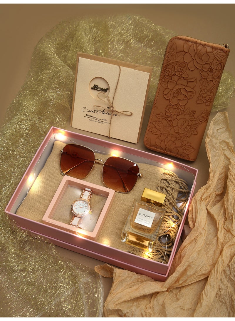 مجموعة رائعة من الأزياء الخفيفة الفاخرة السيدات ووتش ، ووتش الوردي مع الحارة براون وشاح ، تغيير لون النظارات الشمسية ومزاجه العطور ، مثالية لها هدية عيد ميلاد - Image 2