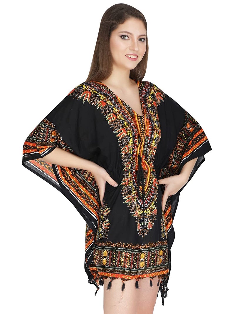 Ukal Women's Polyester and Girl's Short Dashiki Print Kaftan Dress Beach Wear Kimono Nighty (X-Large, Orange) - Image 2