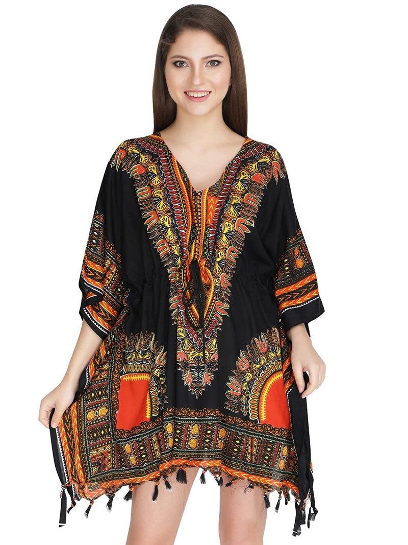 Ukal Women's Polyester and Girl's Short Dashiki Print Kaftan Dress Beach Wear Kimono Nighty (X-Large, Orange) - Image 1